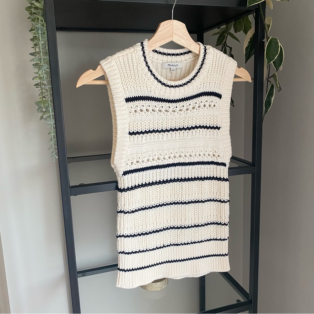 Madewell Cream & Black Striped Sleeveless Knit Sweater Vest